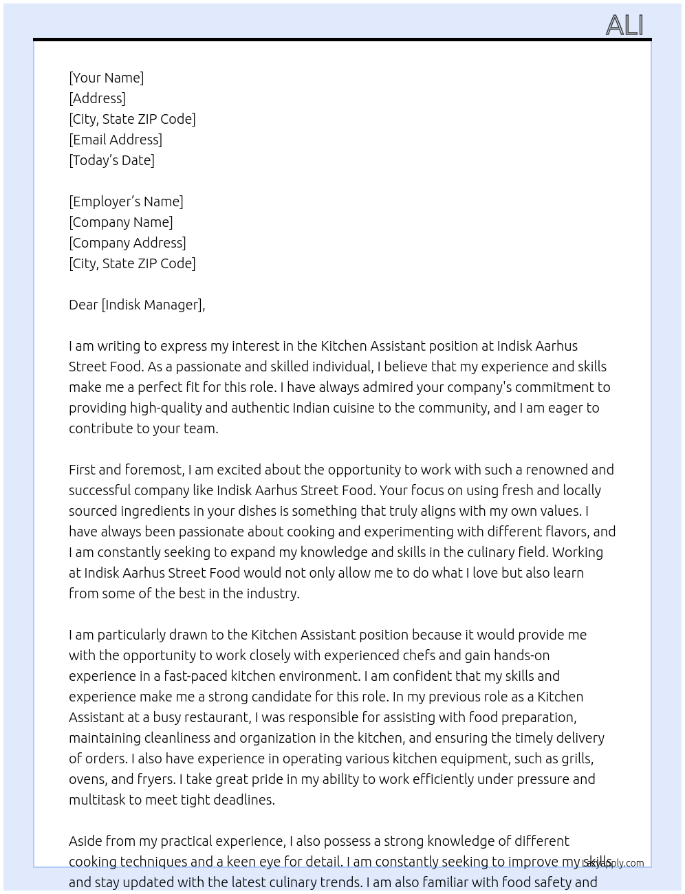 kitchen assistant At indisk aarhus street food Cover Letter