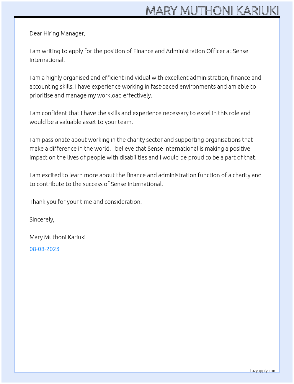 Finance and Administration Officer At Sense International Cover Letter