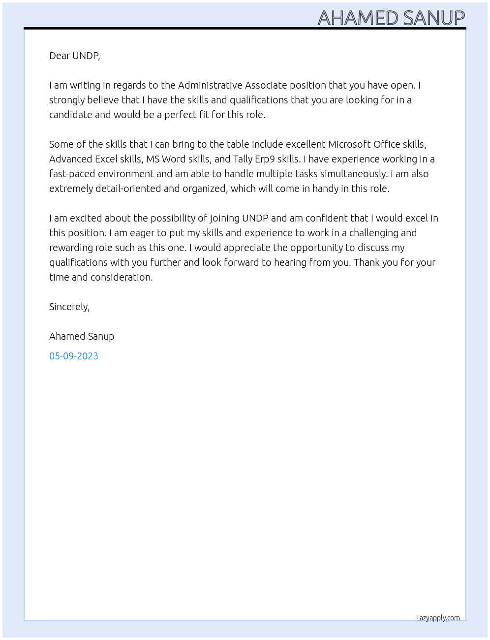 Administrative Associate At United Nations development program Cover Letter