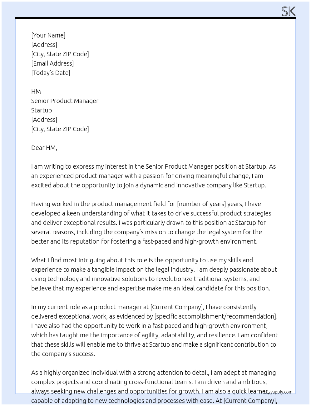 Senior Product Manager At Startup Cover Letter