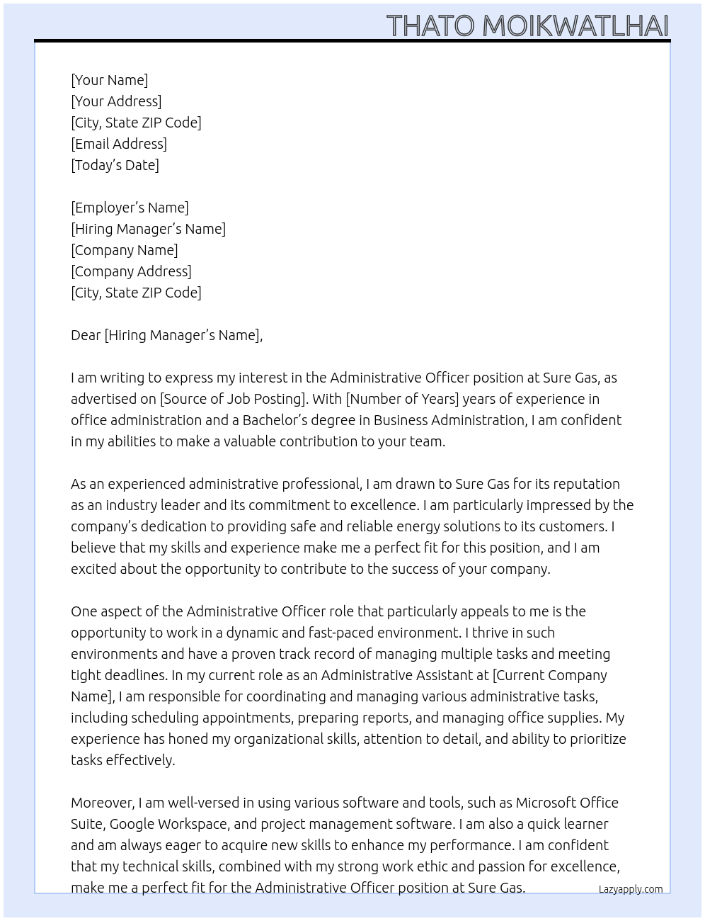 Administrative Officer At Sure Gas Cover Letter
