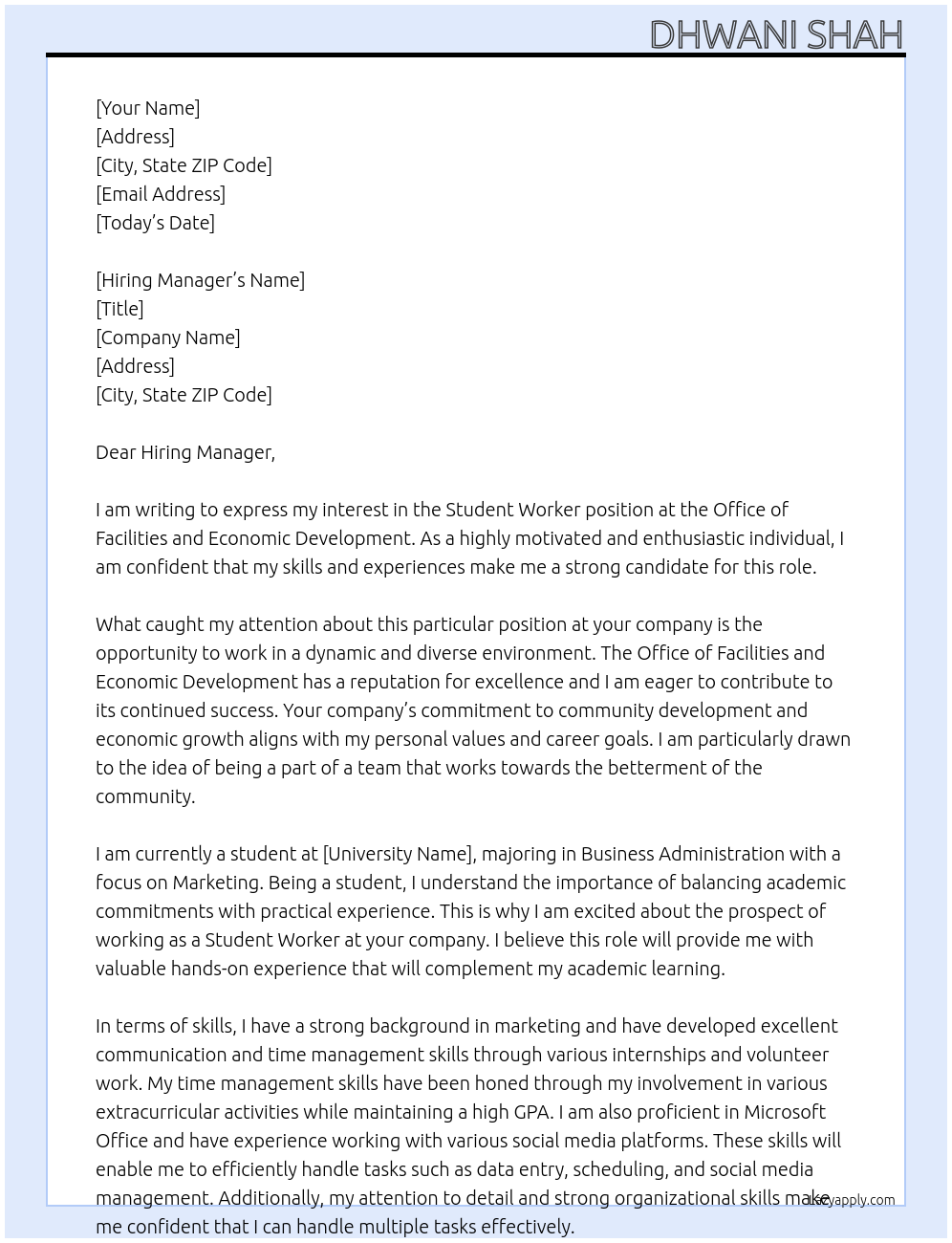 Student Worker At Office of Facilities and Economic Development Cover Letter