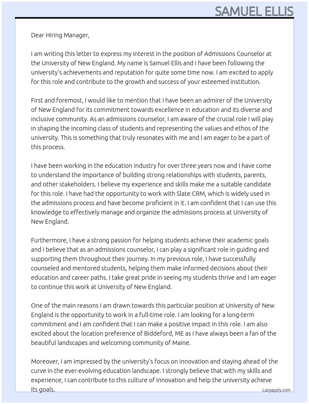 Admissions Counselor At University of New England Cover Letter