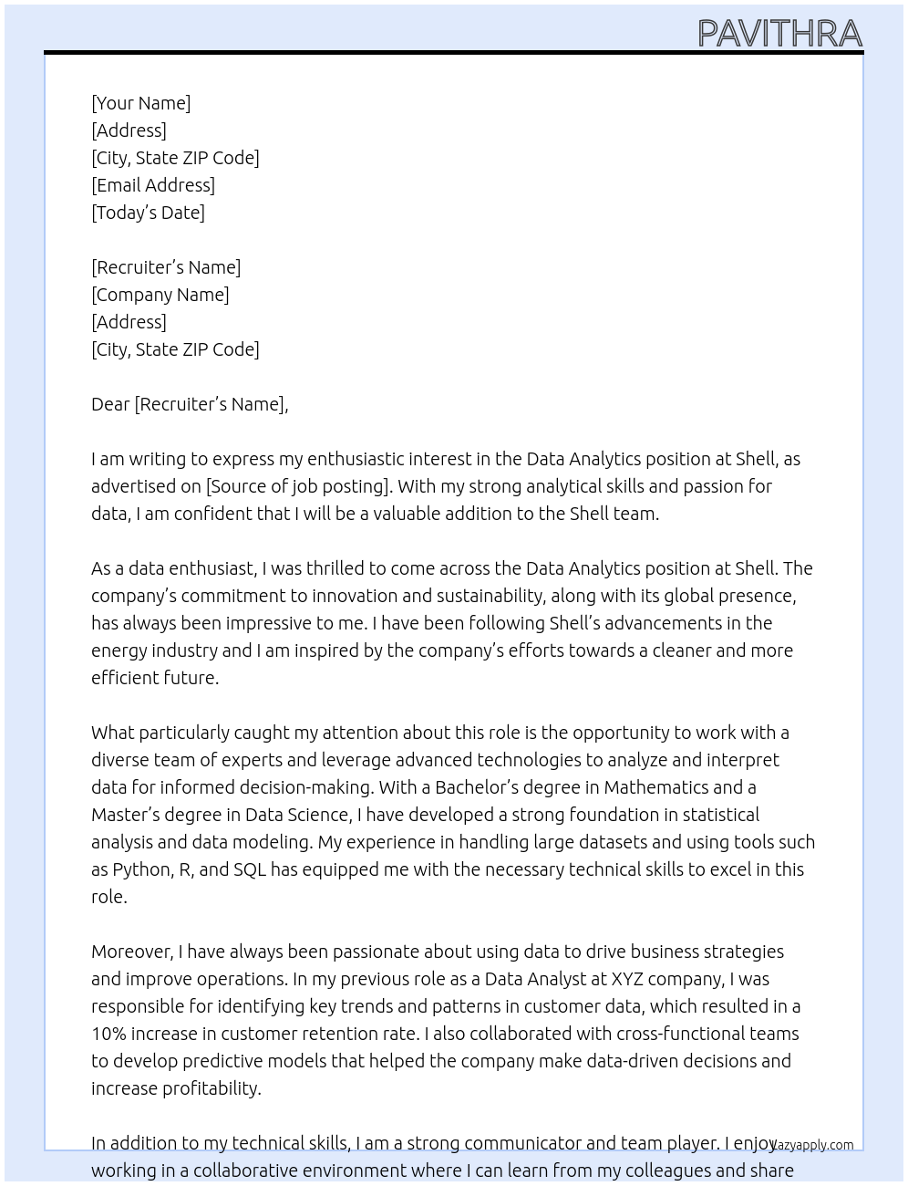 Data Analytics At Shell Cover Letter