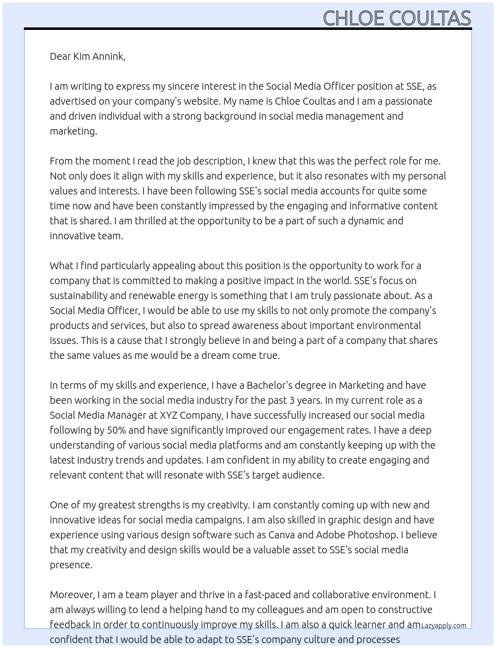 Social Media Officer At SSE Cover Letter