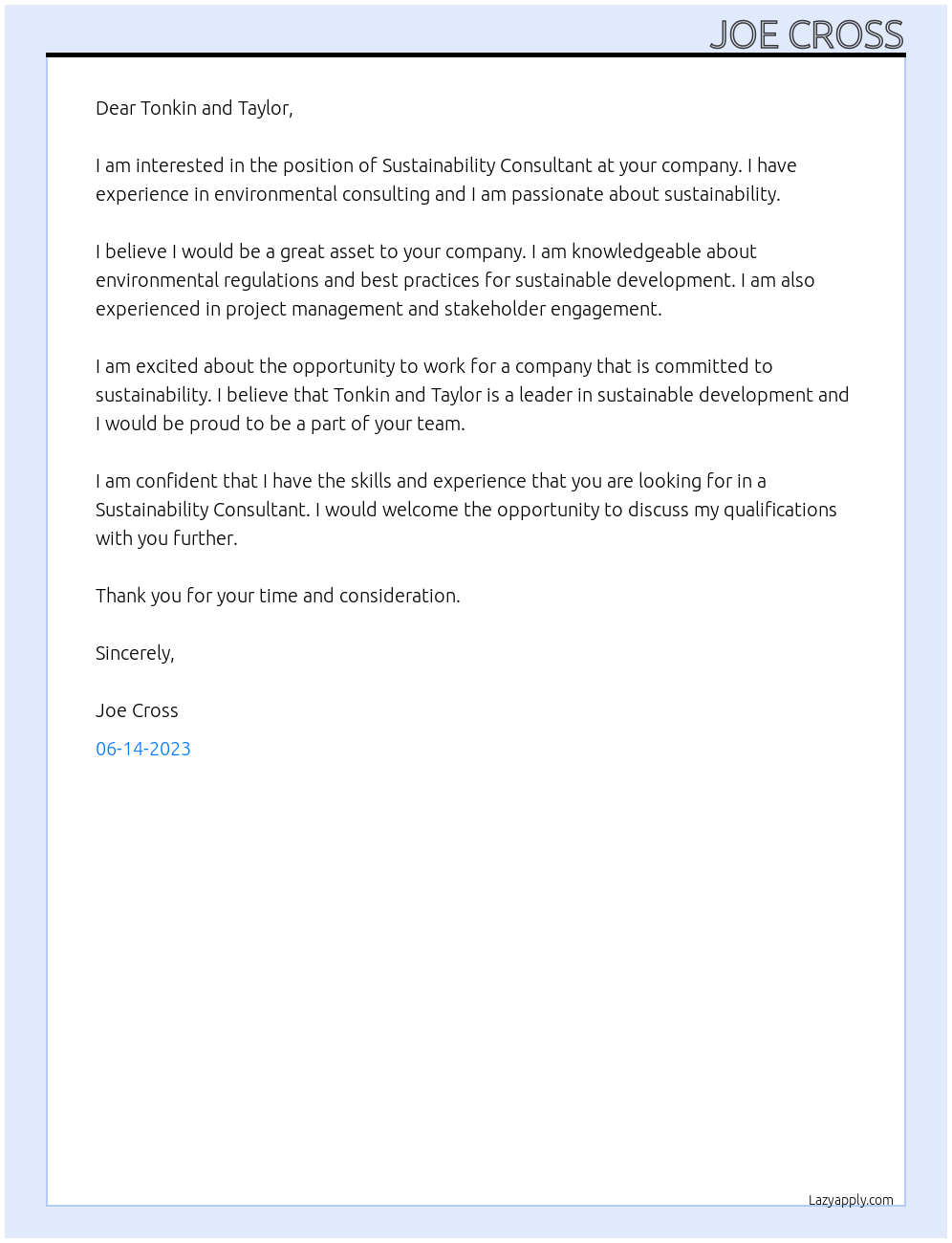 Sustainability Consultant At Tonkin and Taylor Cover Letter