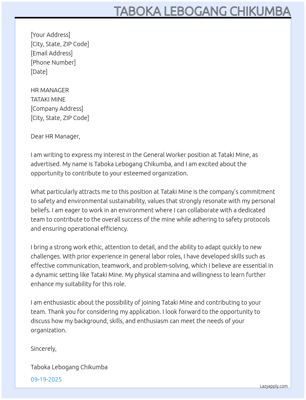 General Worker At TATAKI MINE Cover Letter