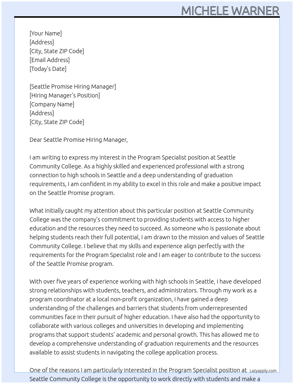 Program Specialist At Seattle Community College Cover Letter