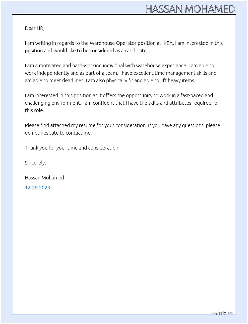 Warehouse Operator At IKEA Cover Letter