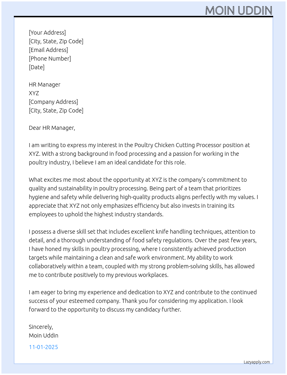 Poultry chicken cutting processor At Xyz Cover Letter