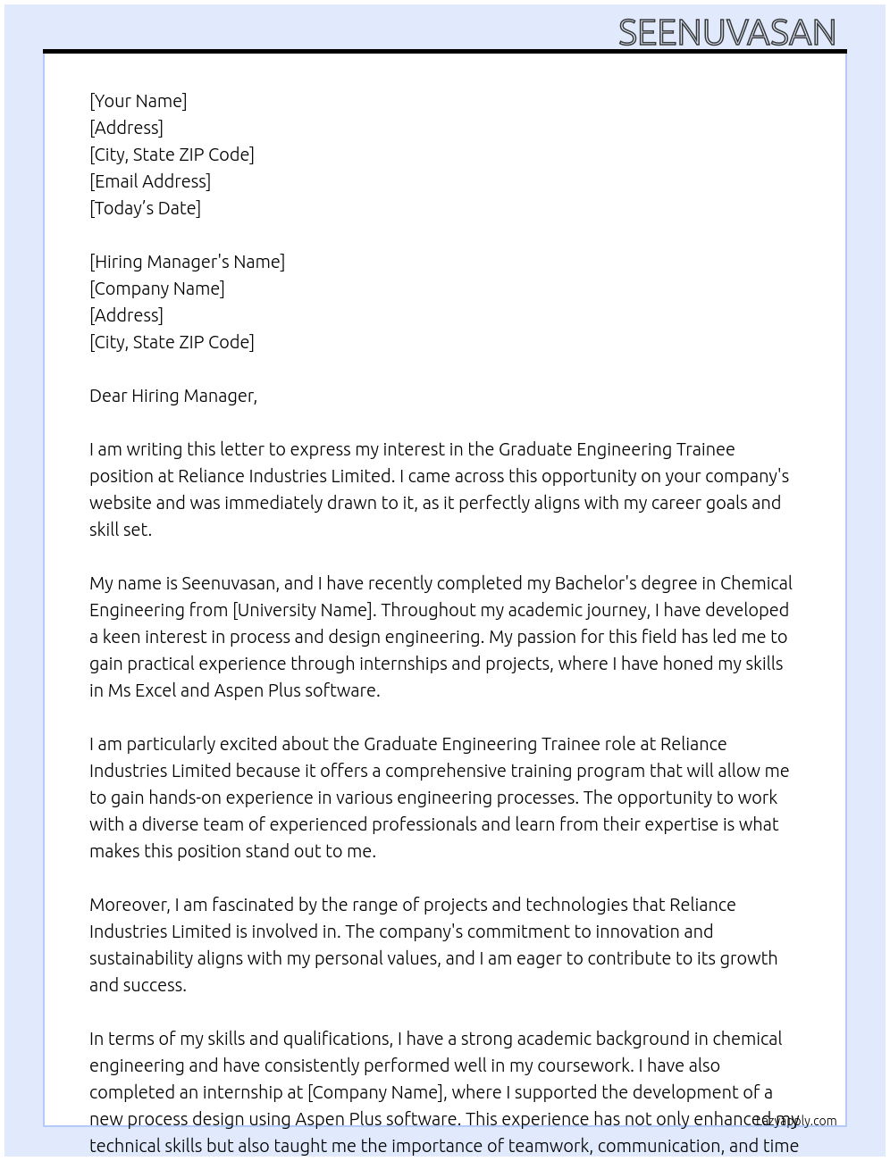 Graduate engineering trainee At Reliance industries limited Cover Letter