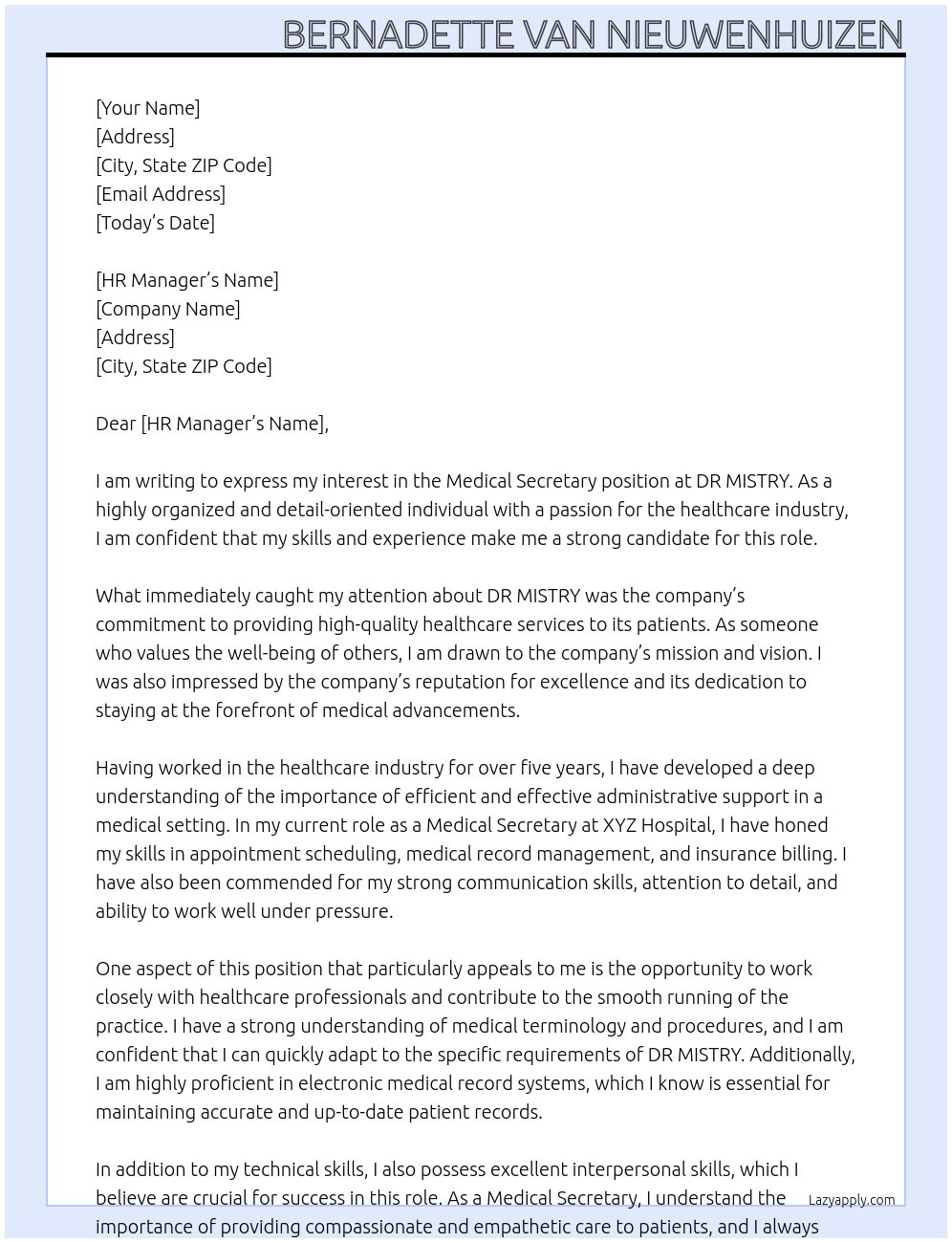 Medical Secretary  At DR MISTRY Cover Letter