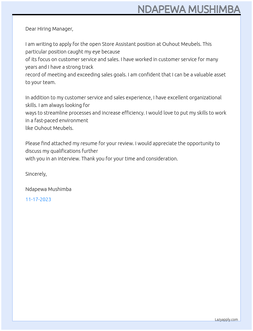 Store assistant At Ouhout Meubels Cover Letter