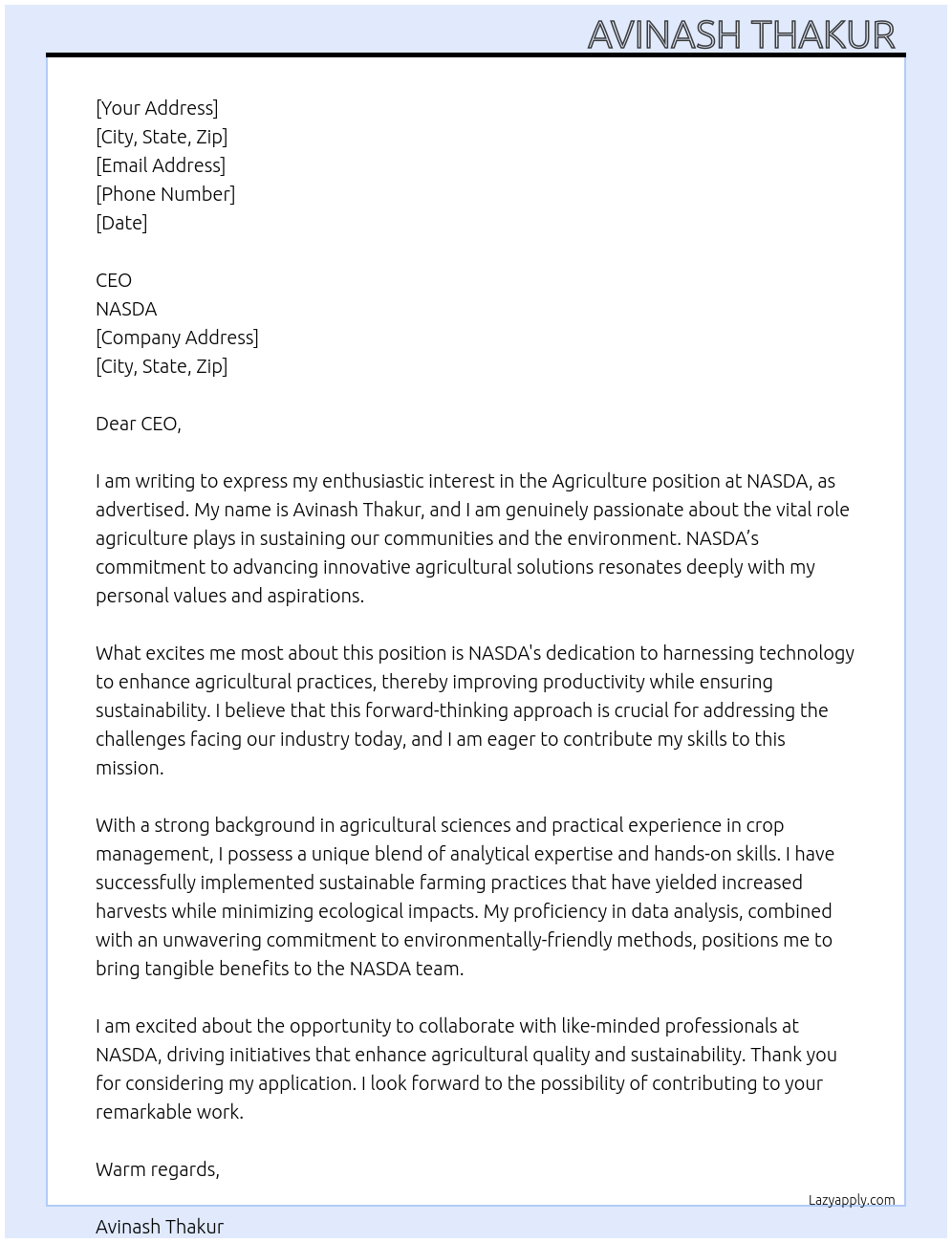 Agriculture At NASDA Cover Letter