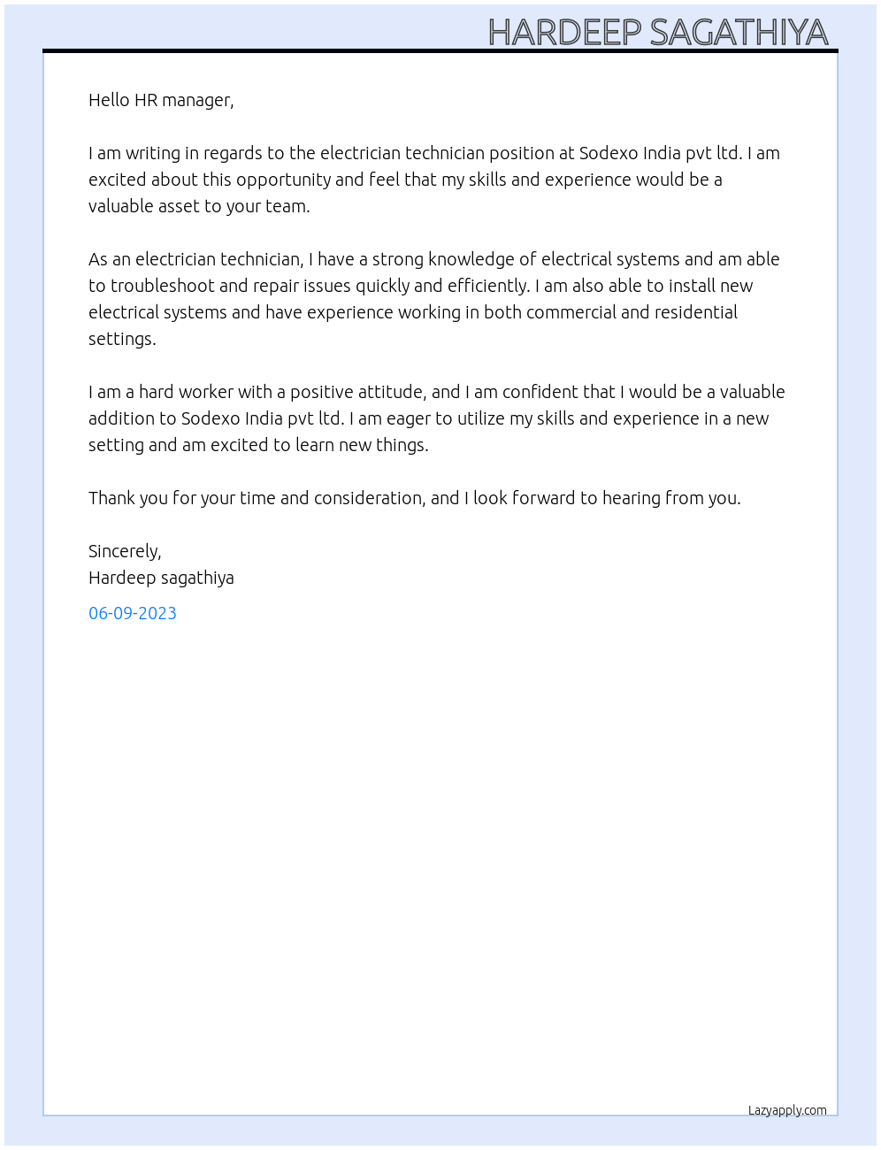 Electrician technician  At Sodexo India pvt ltd  Cover Letter