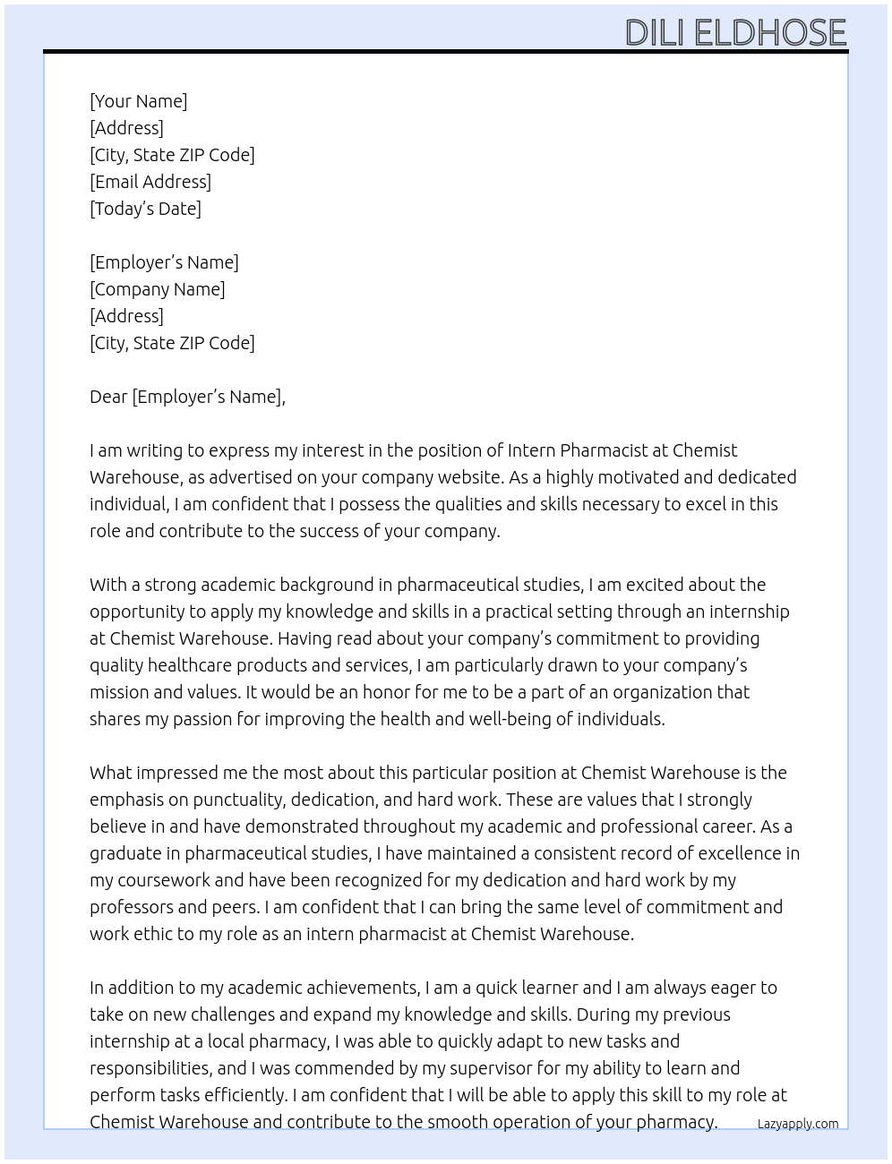 intern pharmacist At chemist warehouse Cover Letter