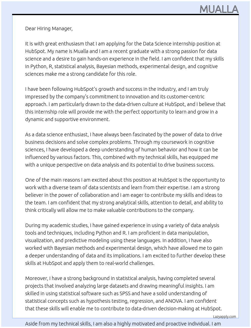 data science At hubspot Cover Letter