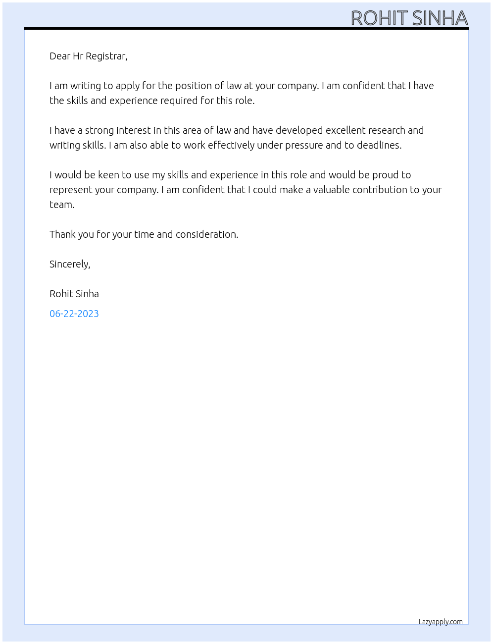 law At any company Cover Letter