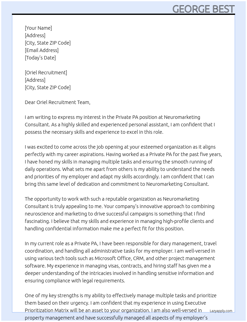 Private PA At Neuromarketting Consultant  Cover Letter