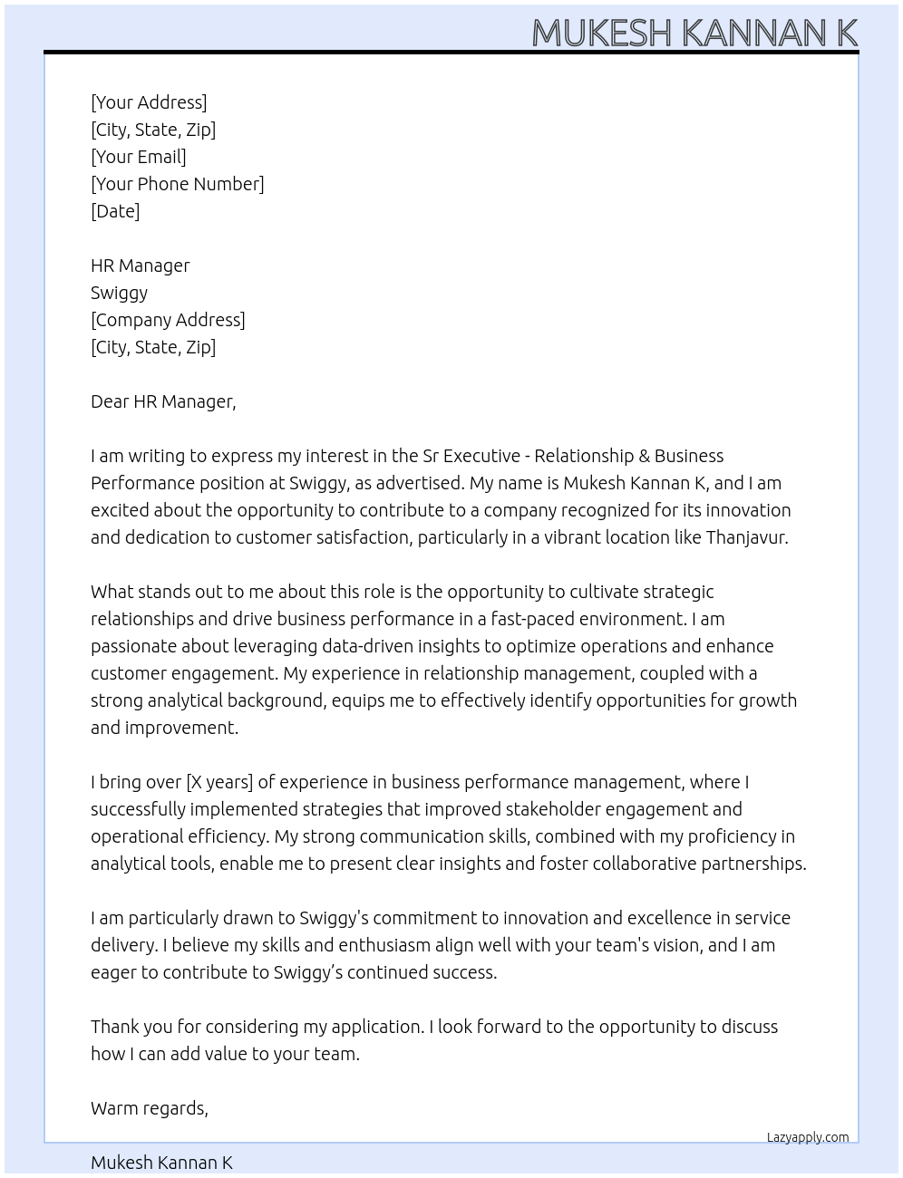 Sr Executive - Relationship & Business Performance At Swiggy Cover Letter