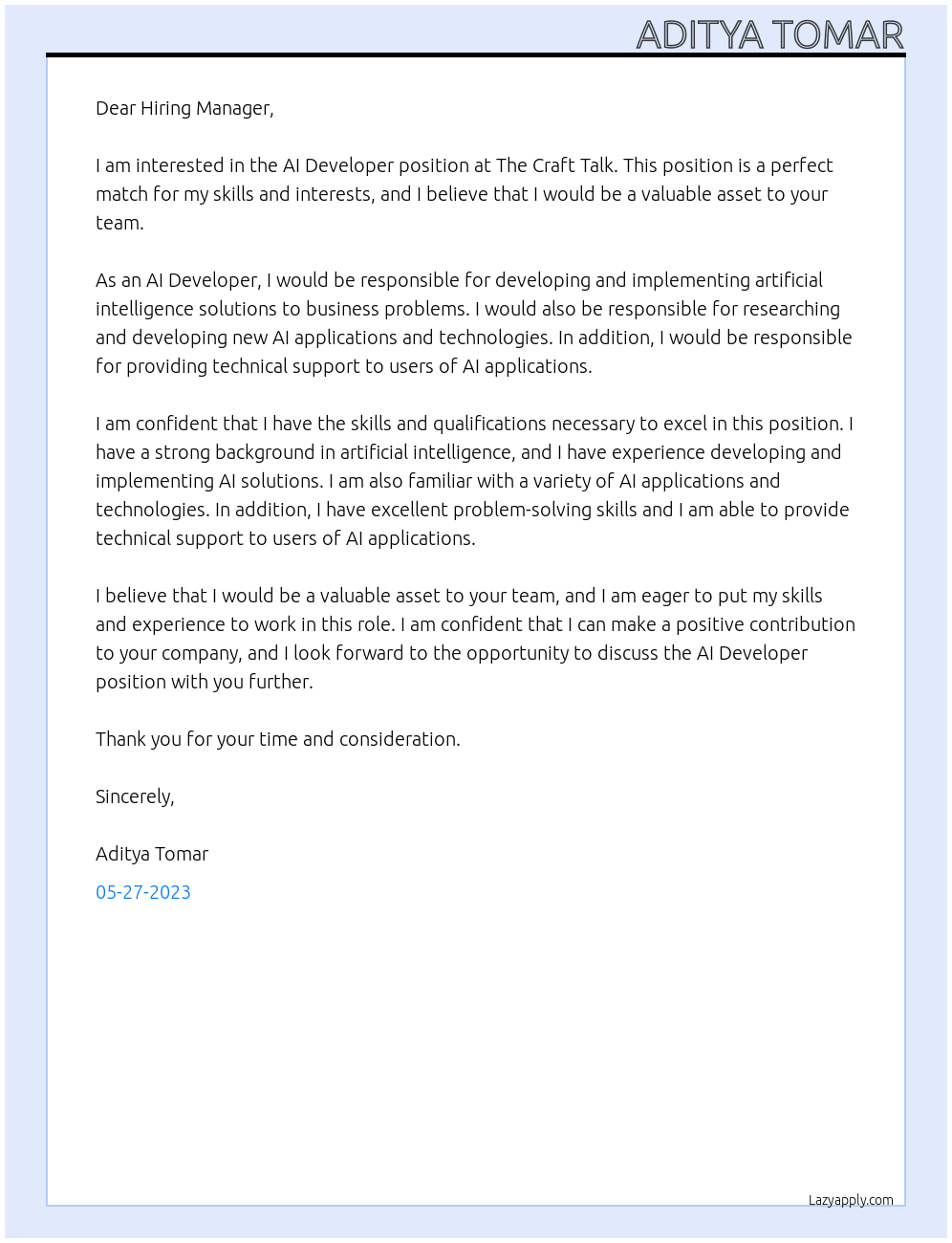AI Developer At The Craft Talk Cover Letter