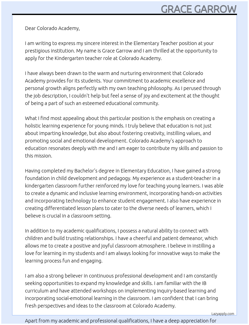 Elementary Teacher At Colorado Academy Cover Letter