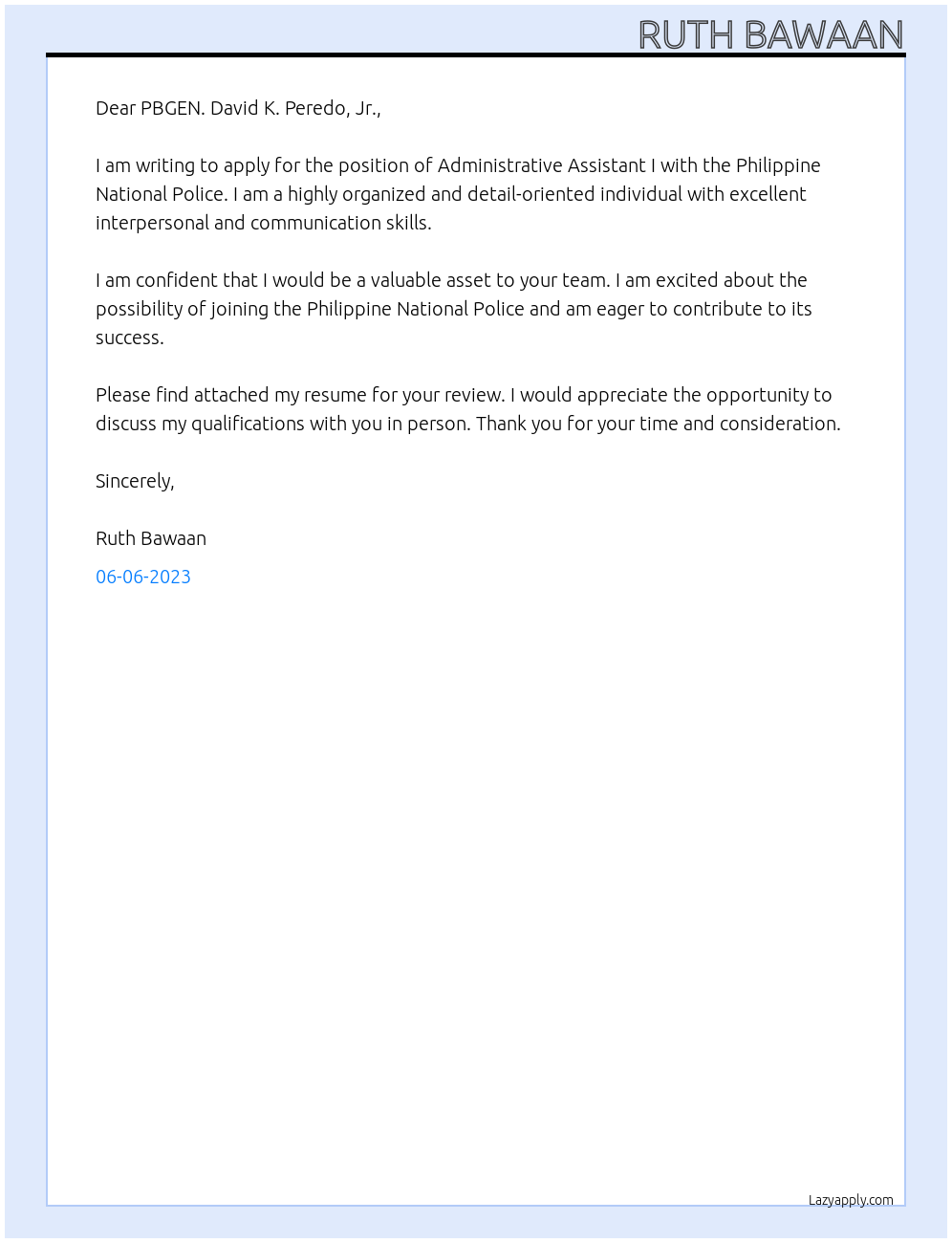 Administrative Assistant I At Philippine National Police Cover Letter