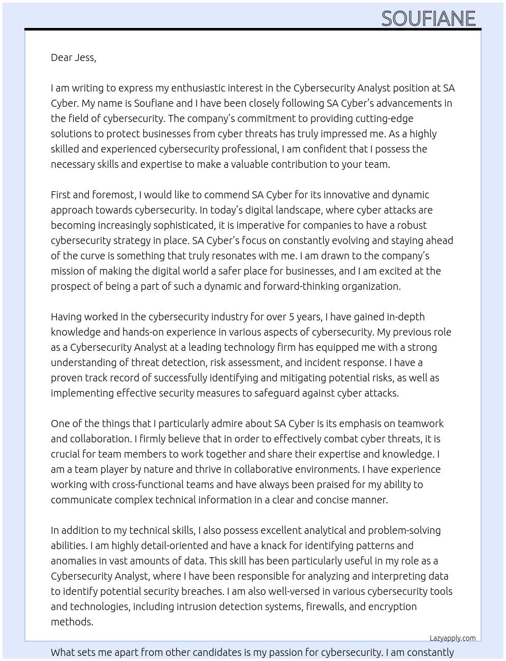 Cybersecurity Analyst At SA Cyber Cover Letter