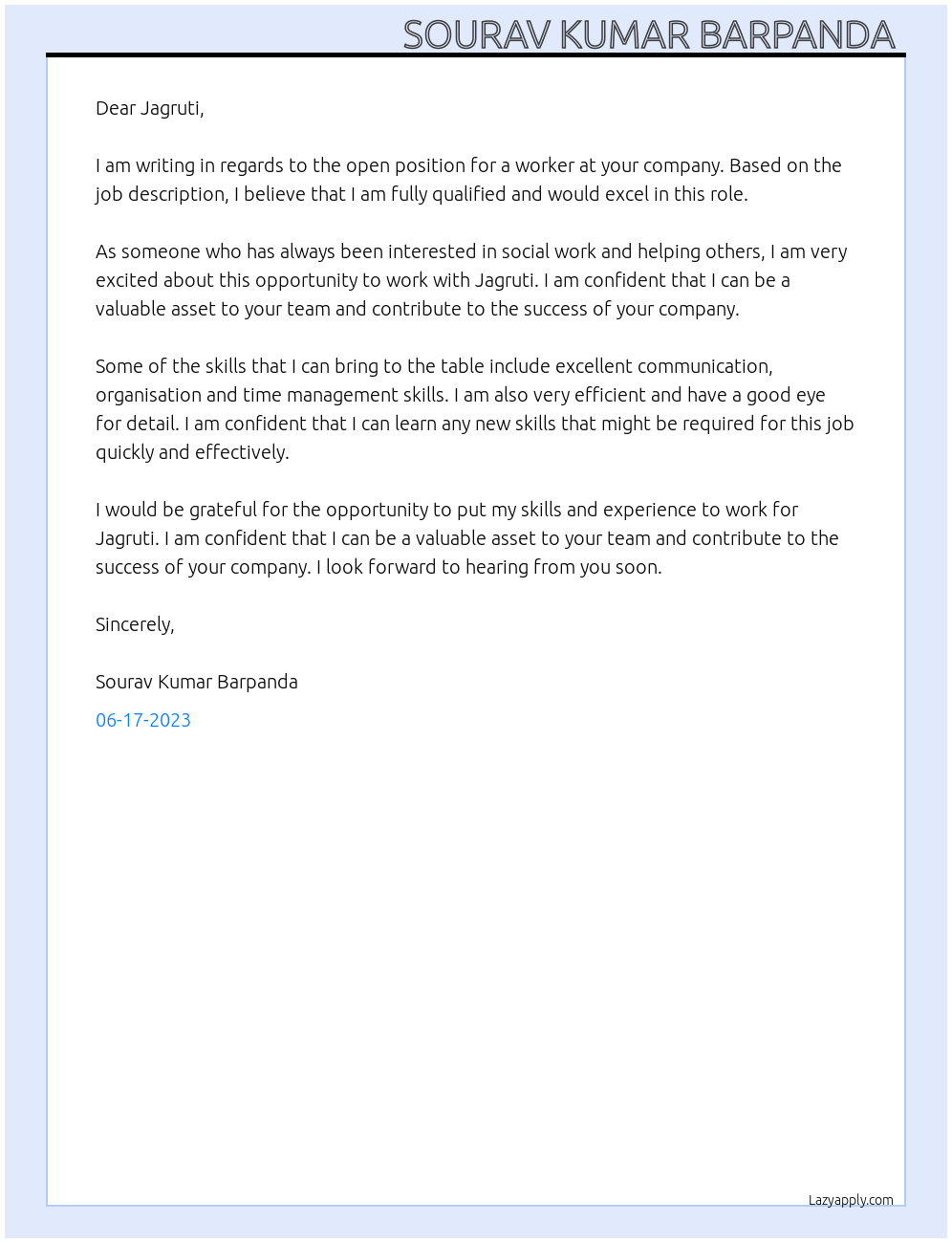 Worker At Jagruti Cover Letter