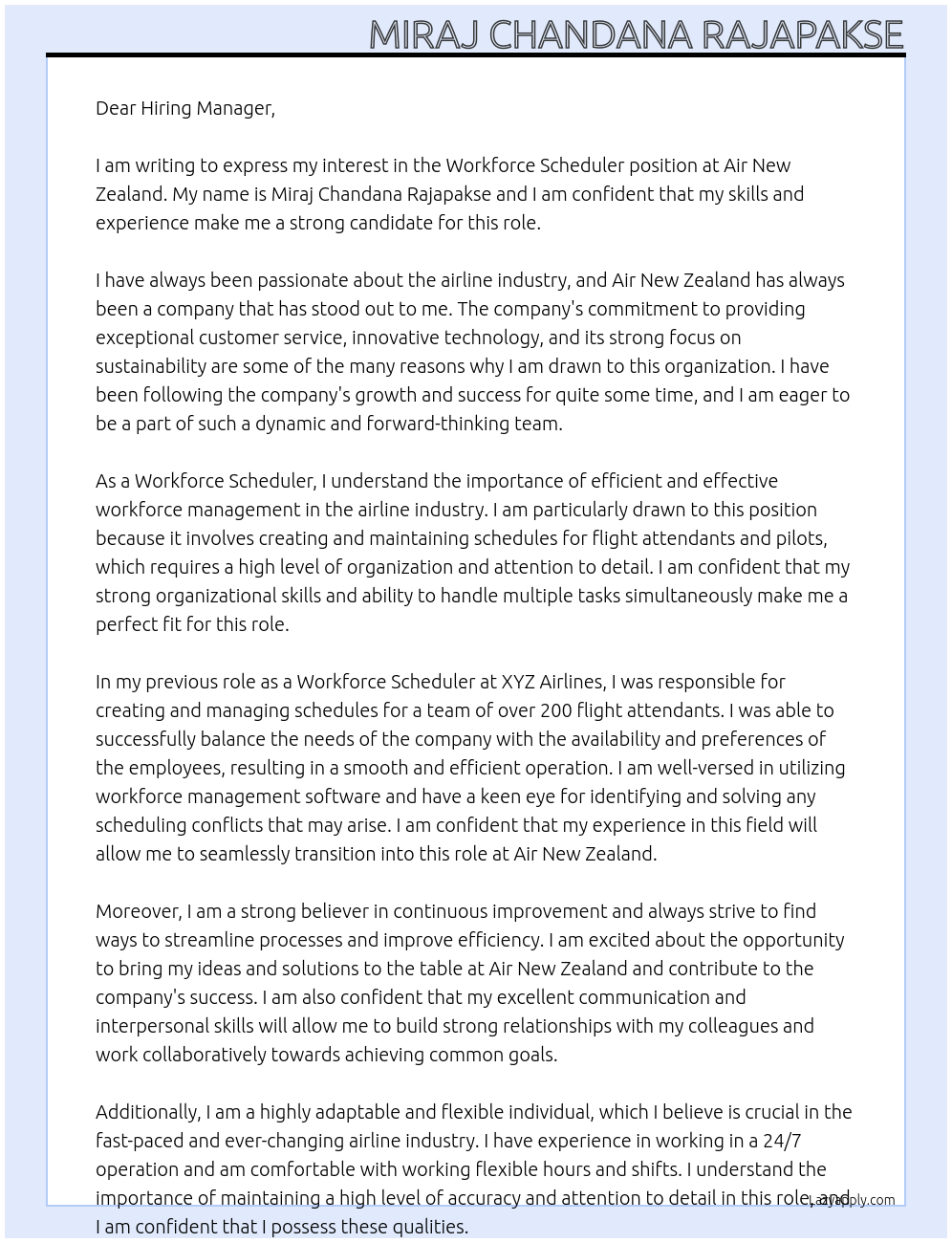 Cover letter for workforce scheduler - LazyApply