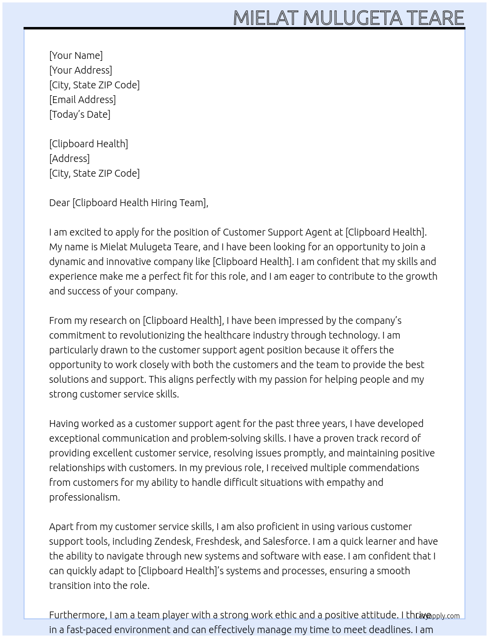 customer support agent At clipboard health Cover Letter