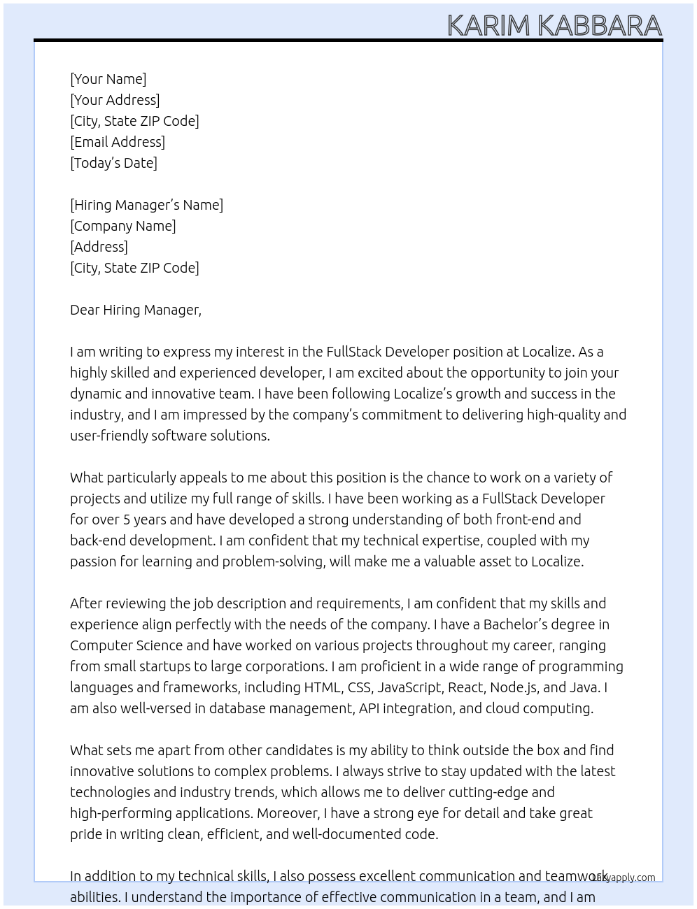 FullStack Developer At Localize Cover Letter