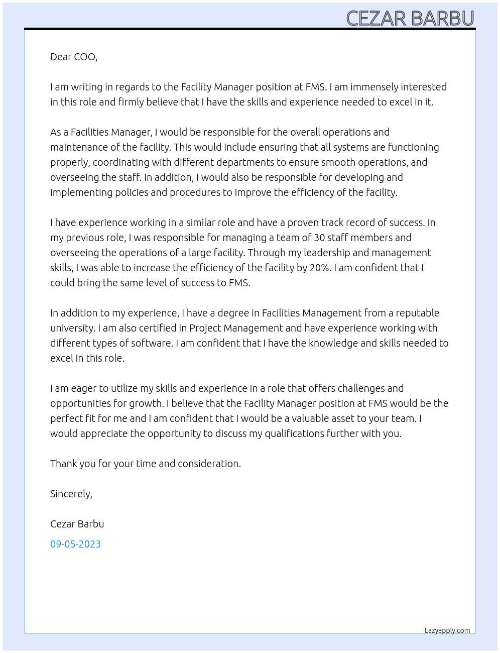 Facility Manager At FMS Cover Letter