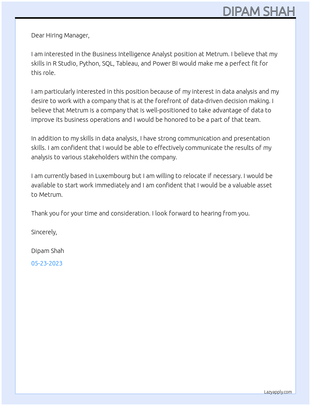 Business Intelligence Analyst At Metrum Cover Letter