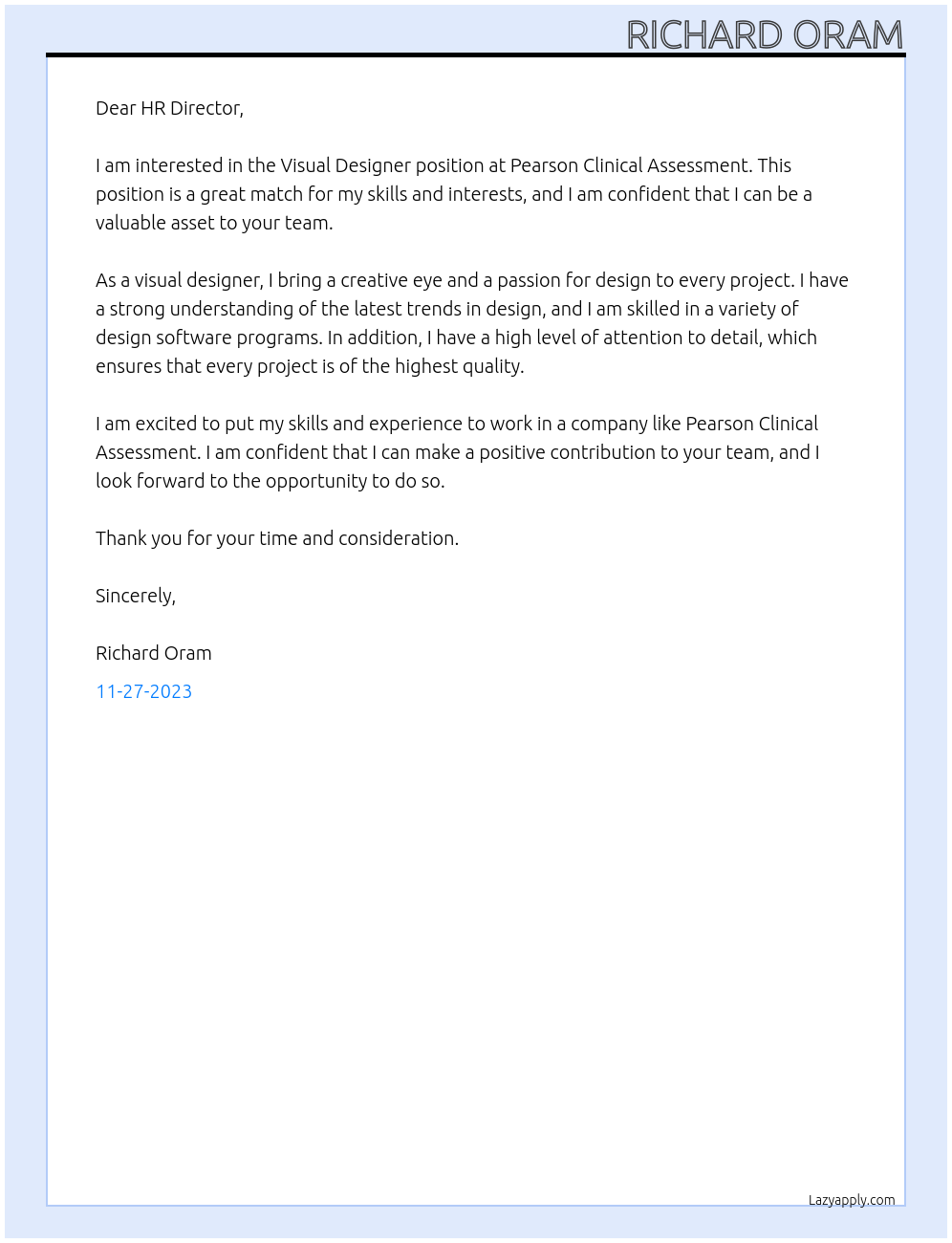 Visual Designer At Pearson Clinical Assessment Cover Letter