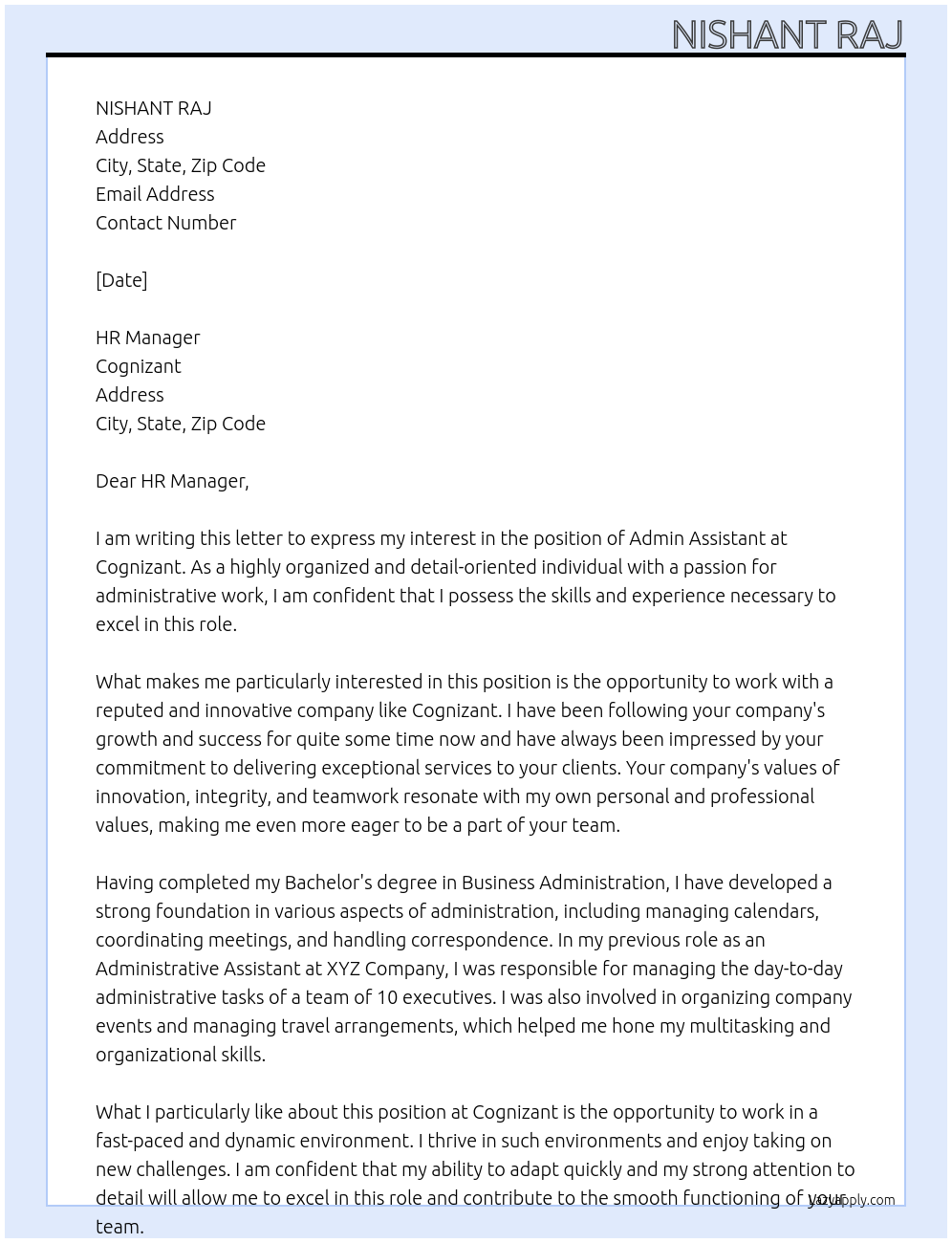 admin Assitant At congnizant Cover Letter