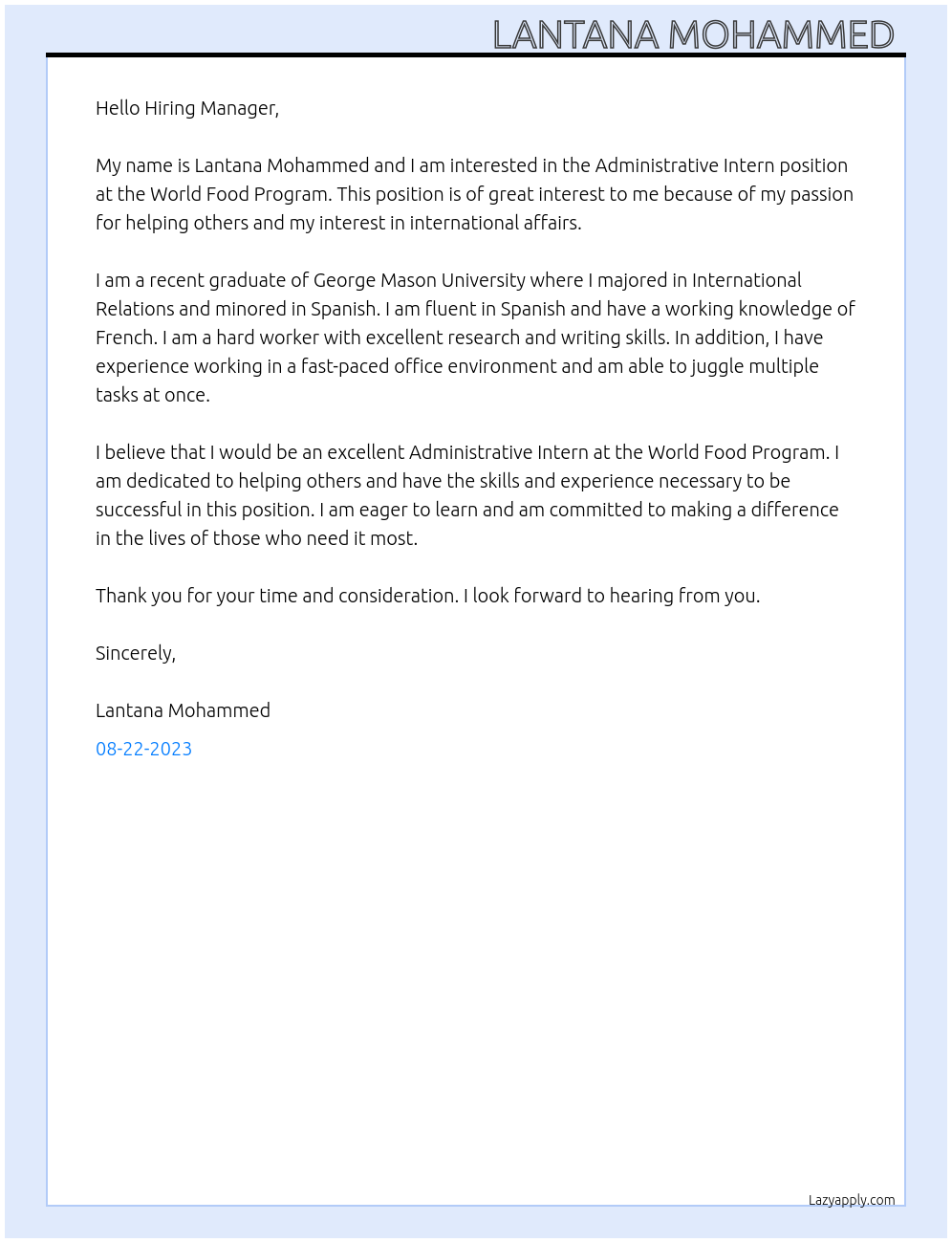 Administrative Intern At World Food Program Cover Letter