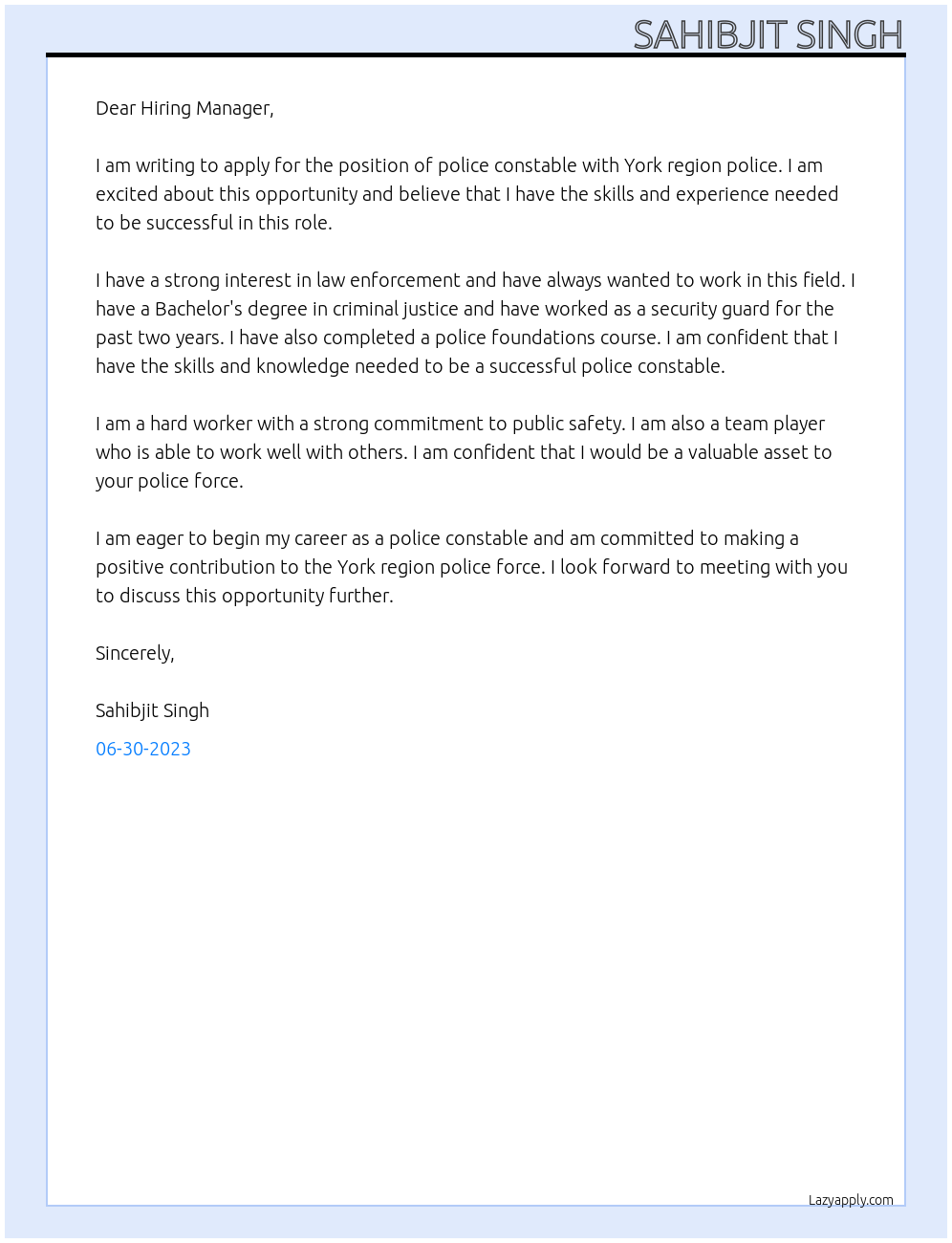 Police constable At York region police Cover Letter