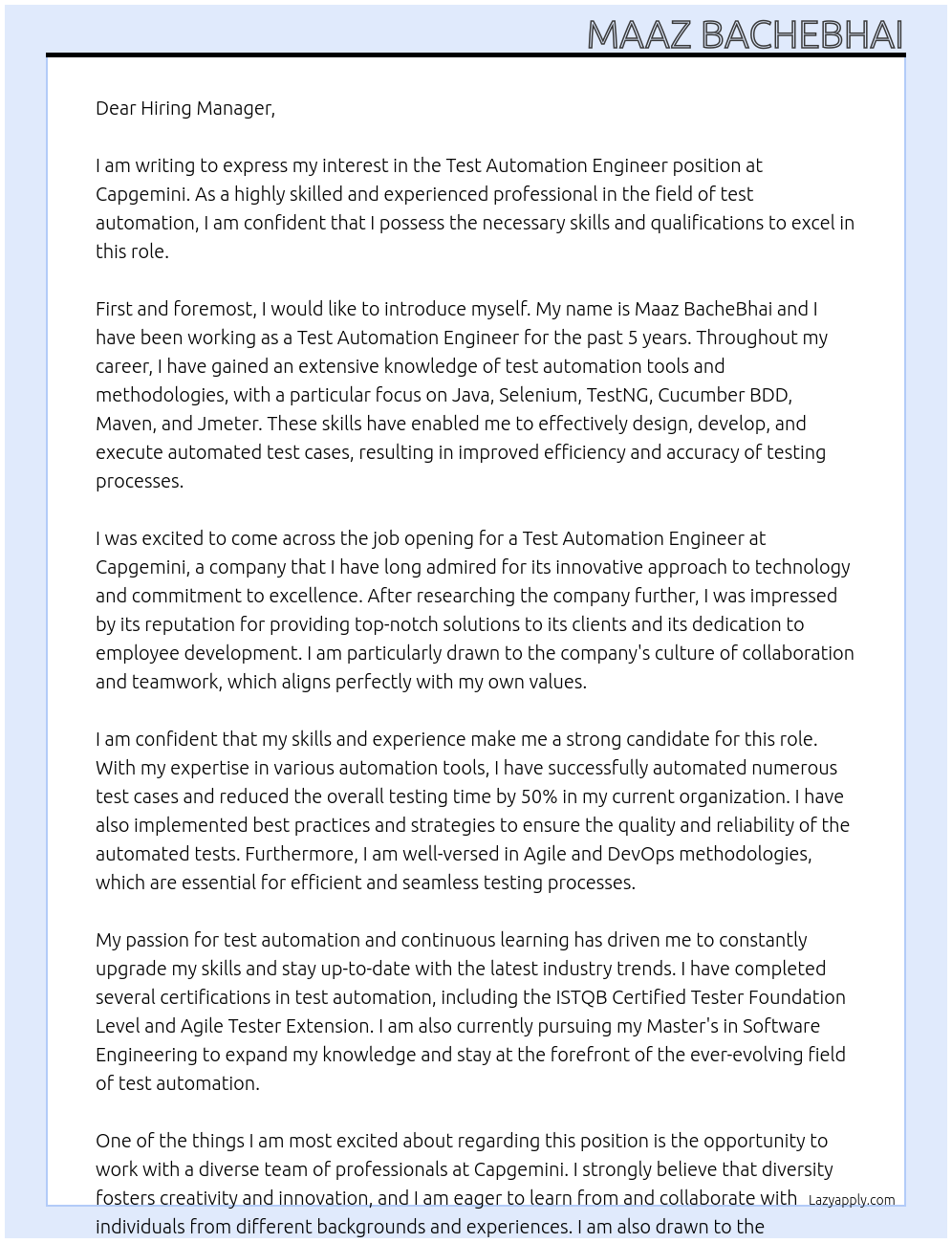 Test Automation Engineer At Capgemini Cover Letter