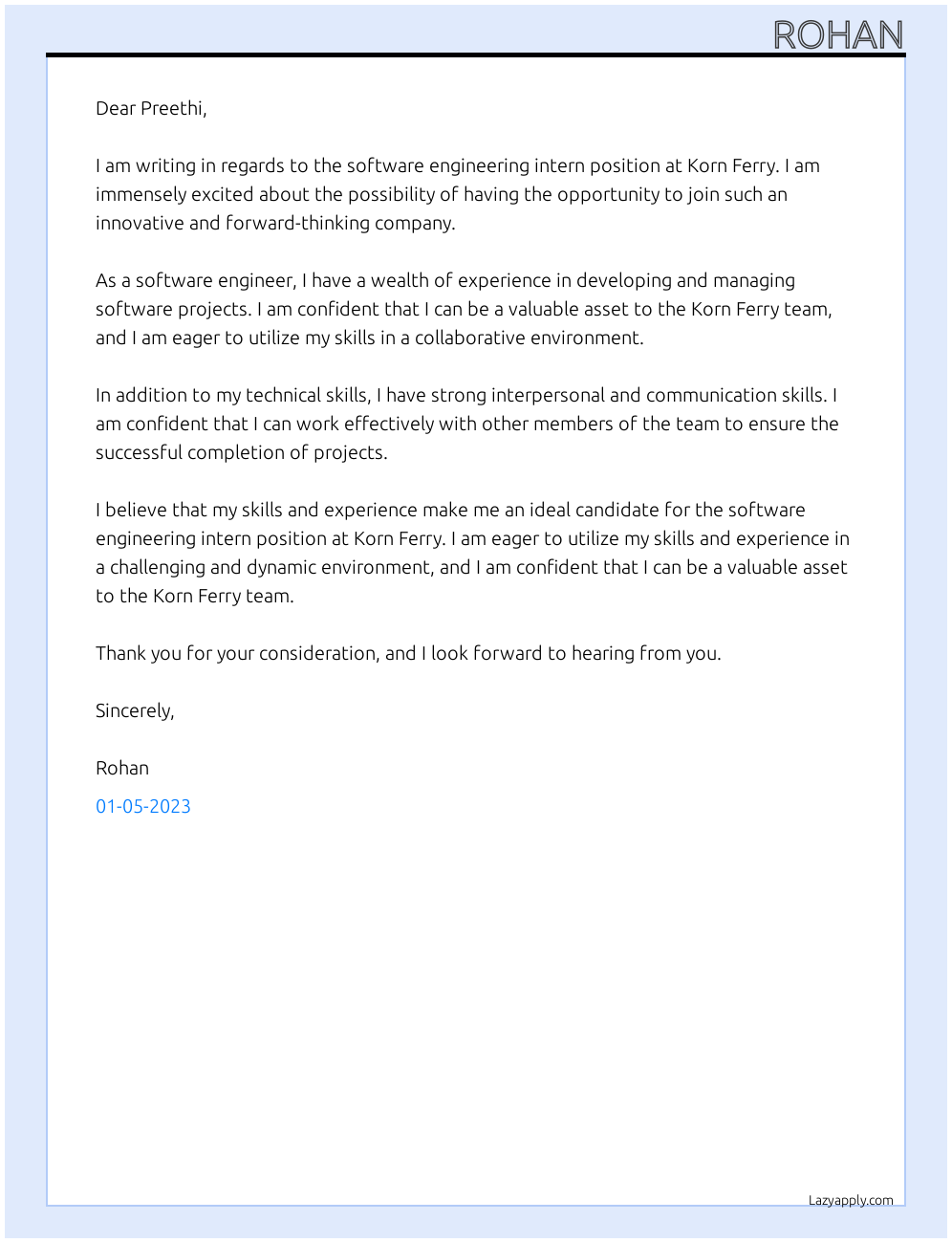 software engineering intern At Korn Ferry Cover Letter