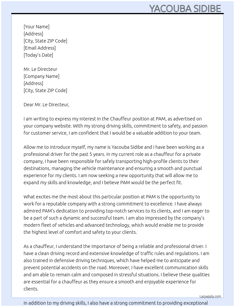 Chauffeur At PAM Cover Letter