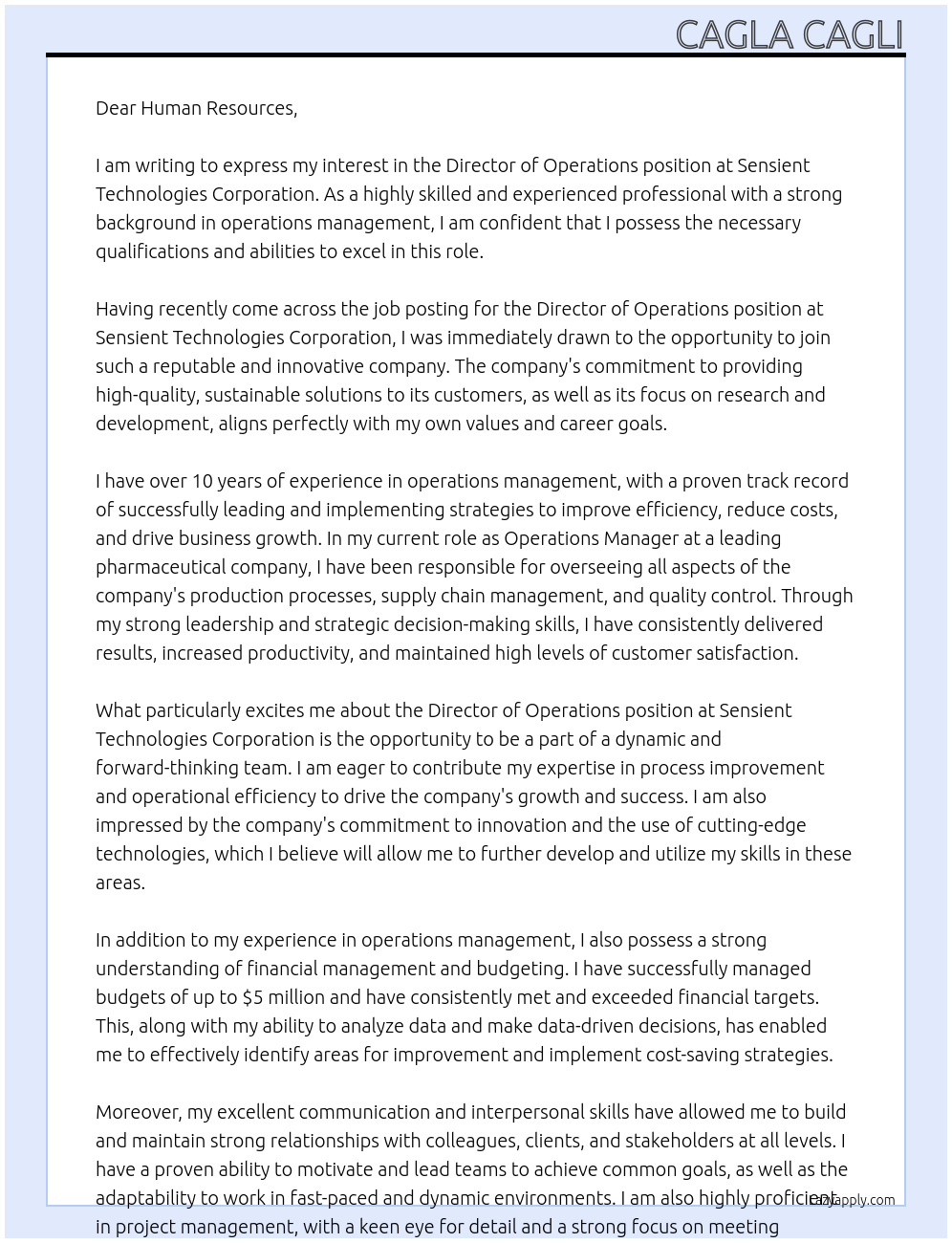 Director Operations At Sensient Technologies Corporation Cover Letter