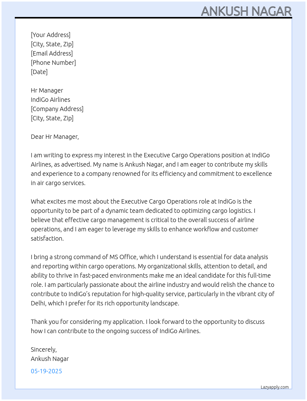 Executive cargo operations At Indigo airlines  Cover Letter