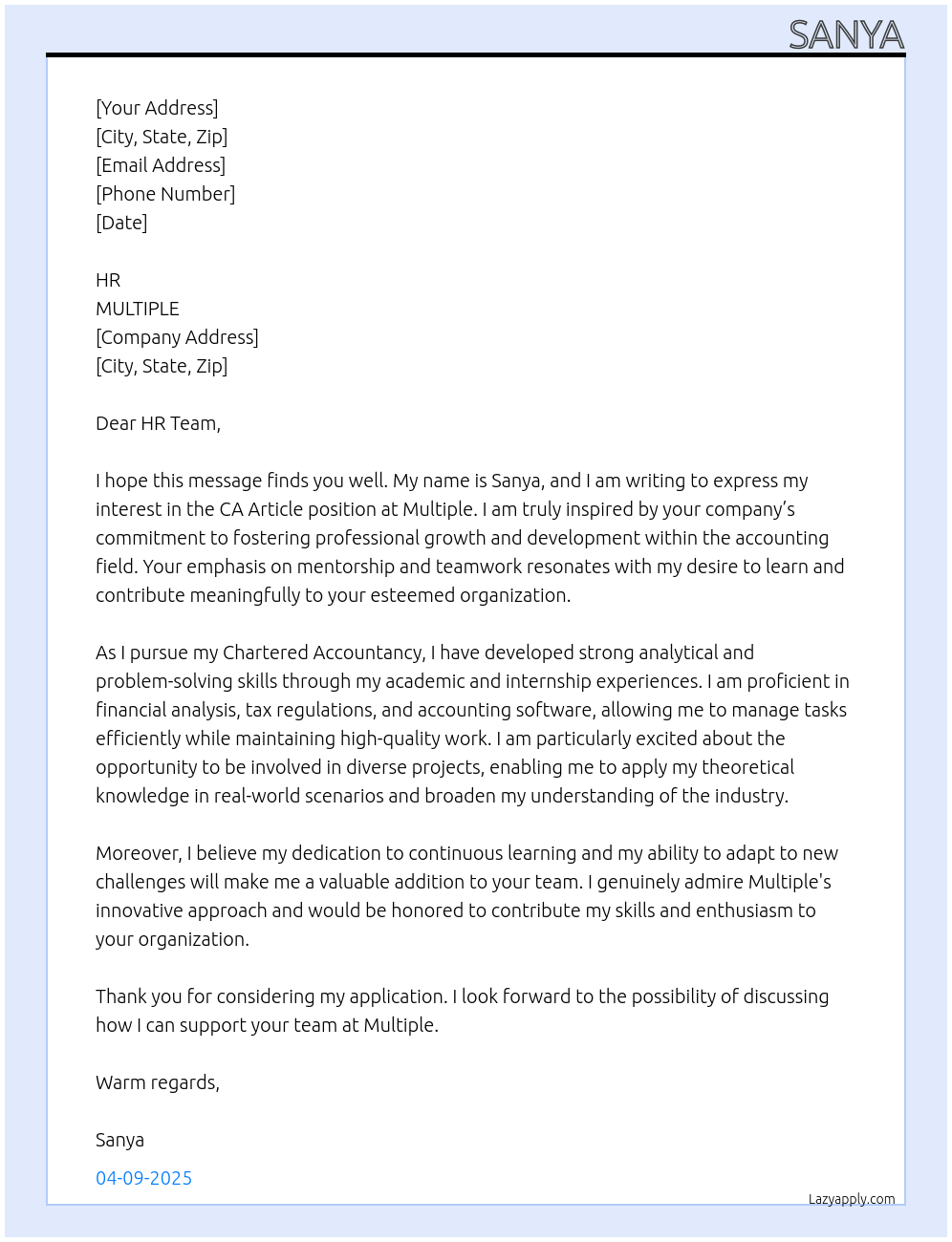 CA ARTICLE At MULTIPLE Cover Letter