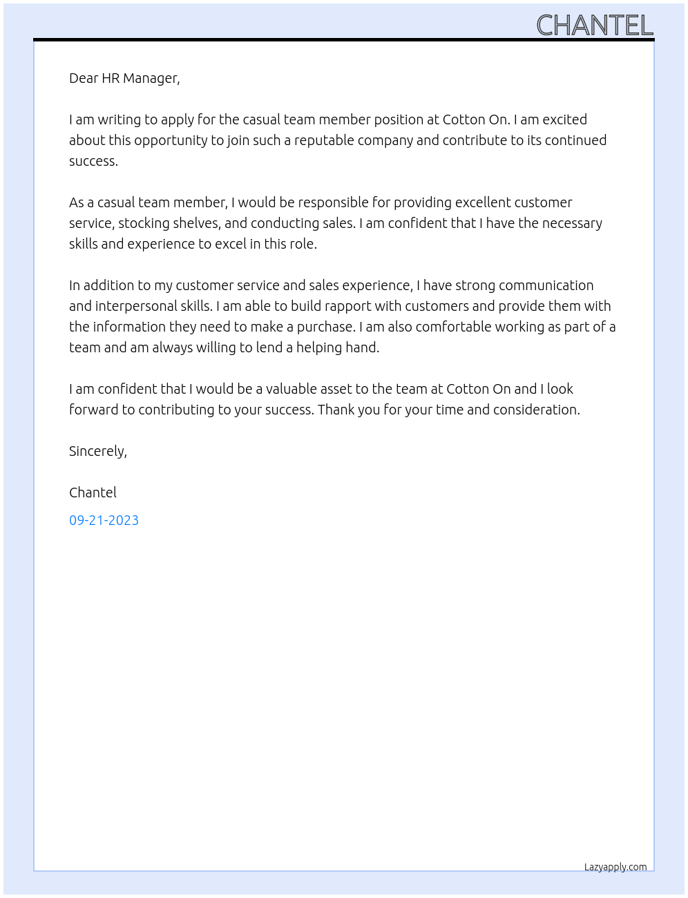 casual team member At Cotton on Cover Letter