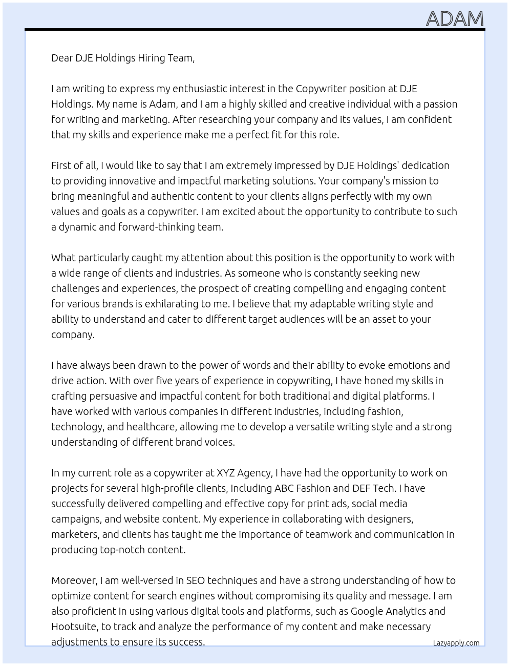 Copywriter At DJE holdings Cover Letter