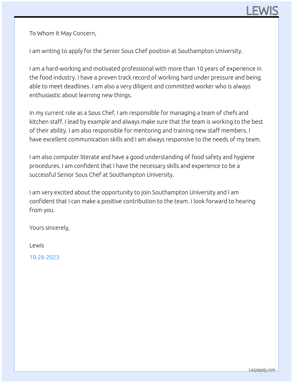 Sous chef  At Southampton University  Cover Letter