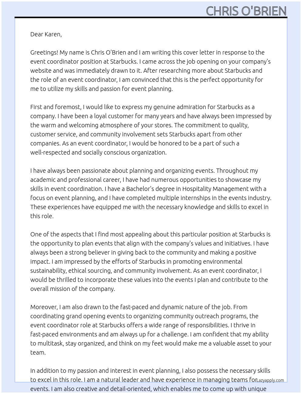 Event coordinator At Starbucks Cover Letter