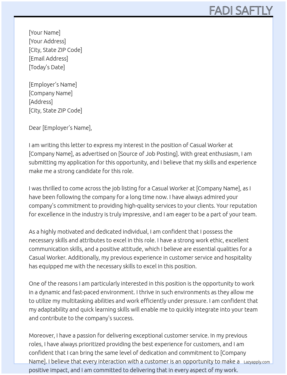 Casual worker At RDS Cover Letter