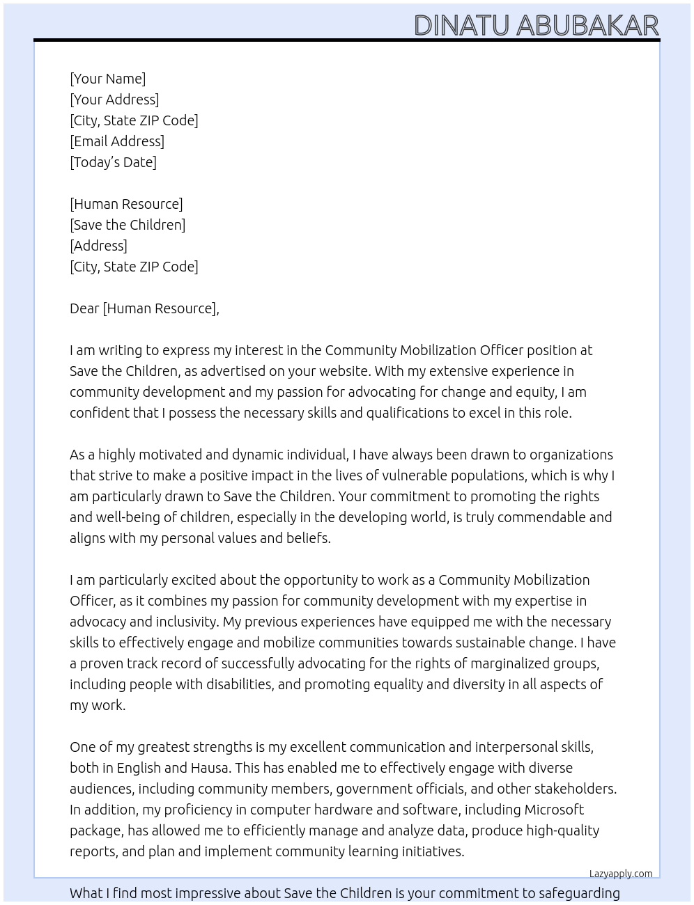 community mobilization officer At Save the children Cover Letter